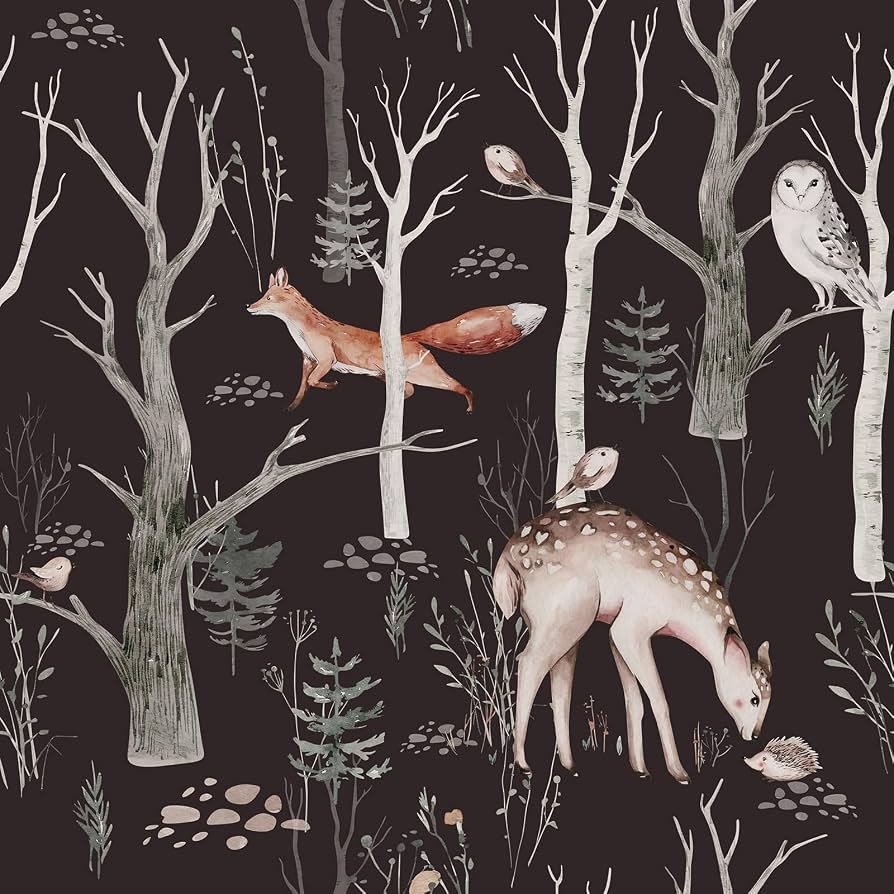 894x894 Livelynine Black Forest Wallpaper Peel and Stick Vintage Dark Night Forest Animal Wall Paper for Bedroom Bathroom Removable White Birch Tree 17.5x78.8 Forest Print Contact Paper for Classroom Drawers