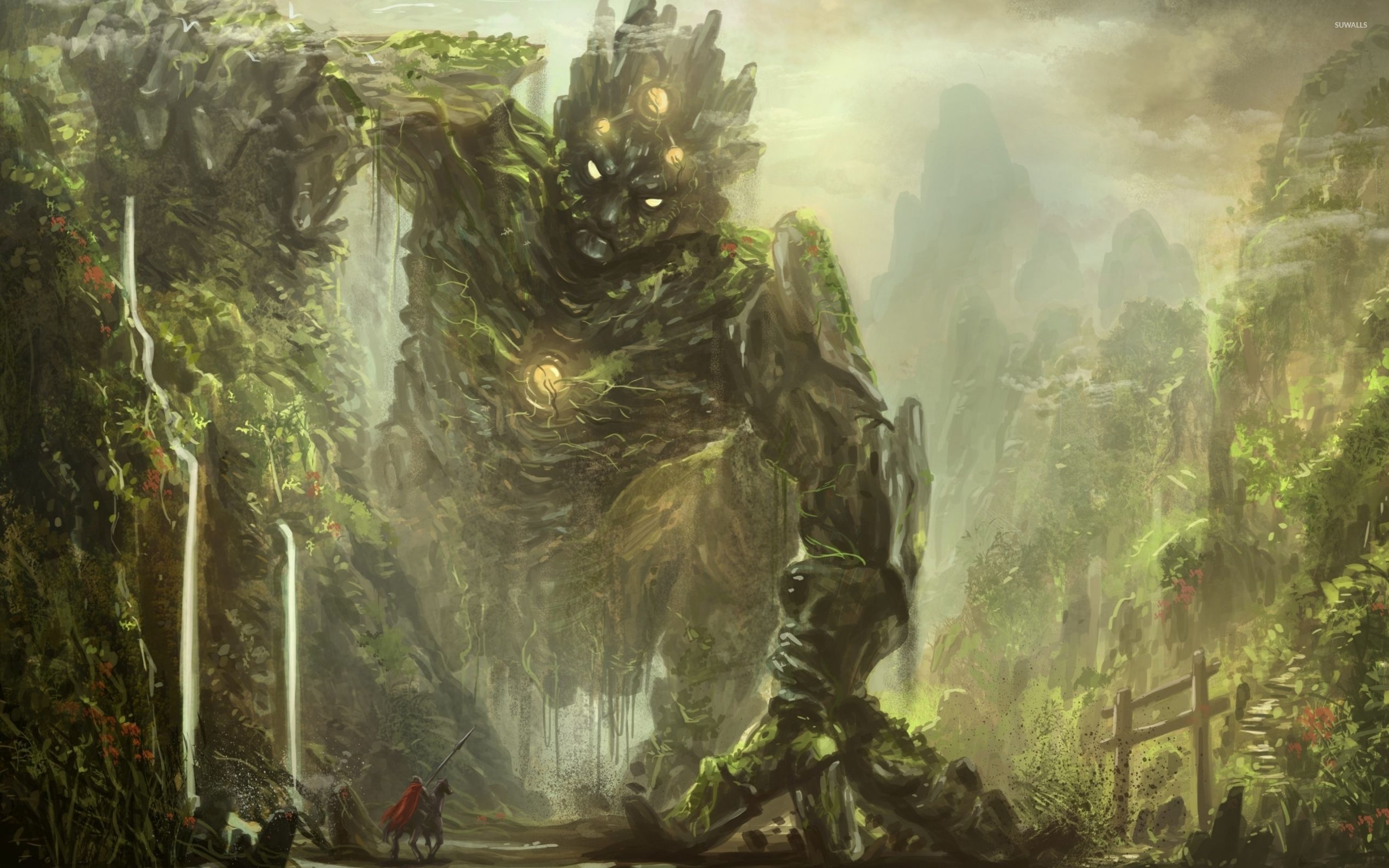 2560x1600 Knight facing a forest creature wallpaper wallpaper