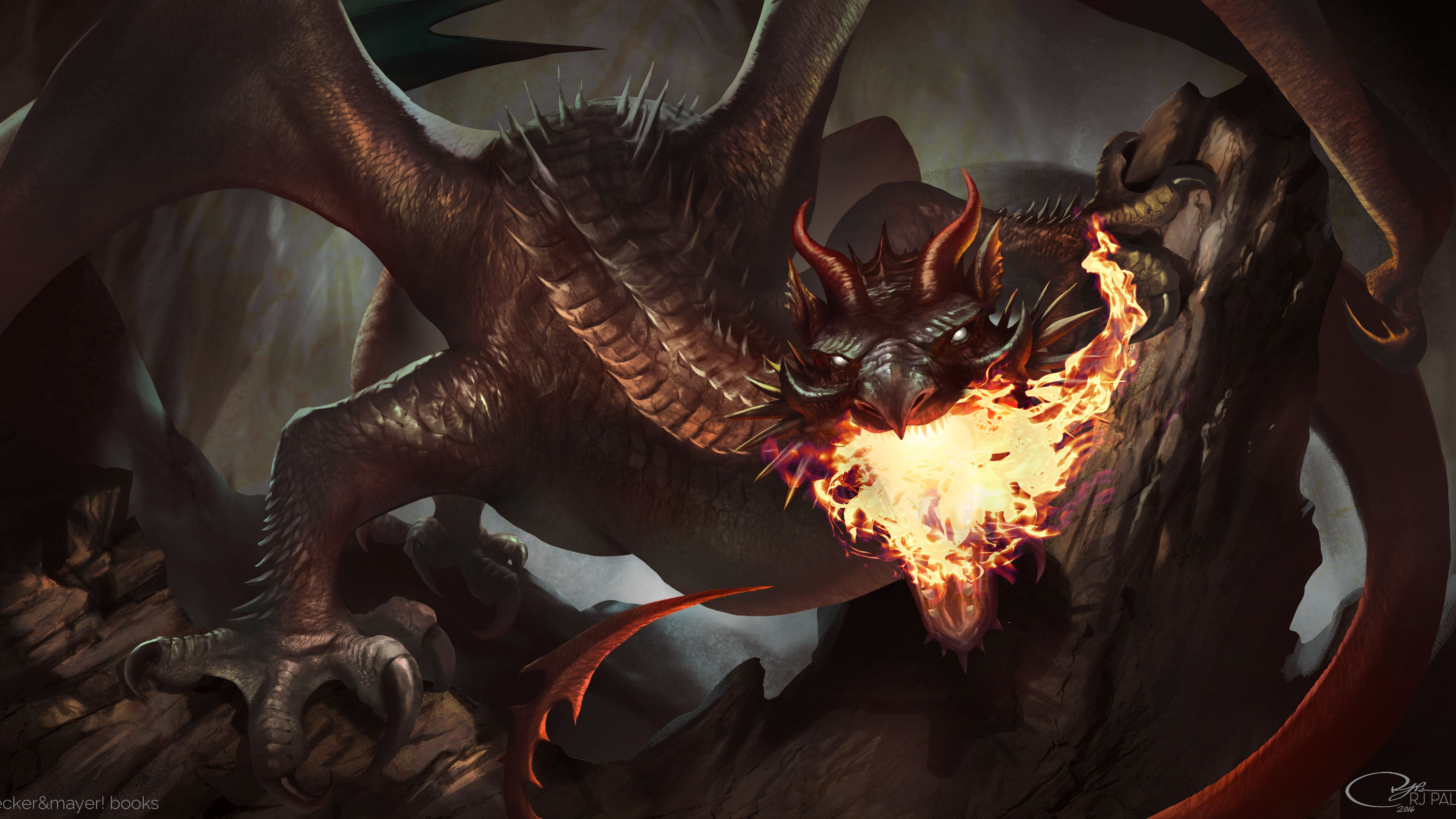 5120x2880 Fantasy Big Black Dragon Is Breathing A Fire On Rock 4K 5K HD Dreamy Wallpaper