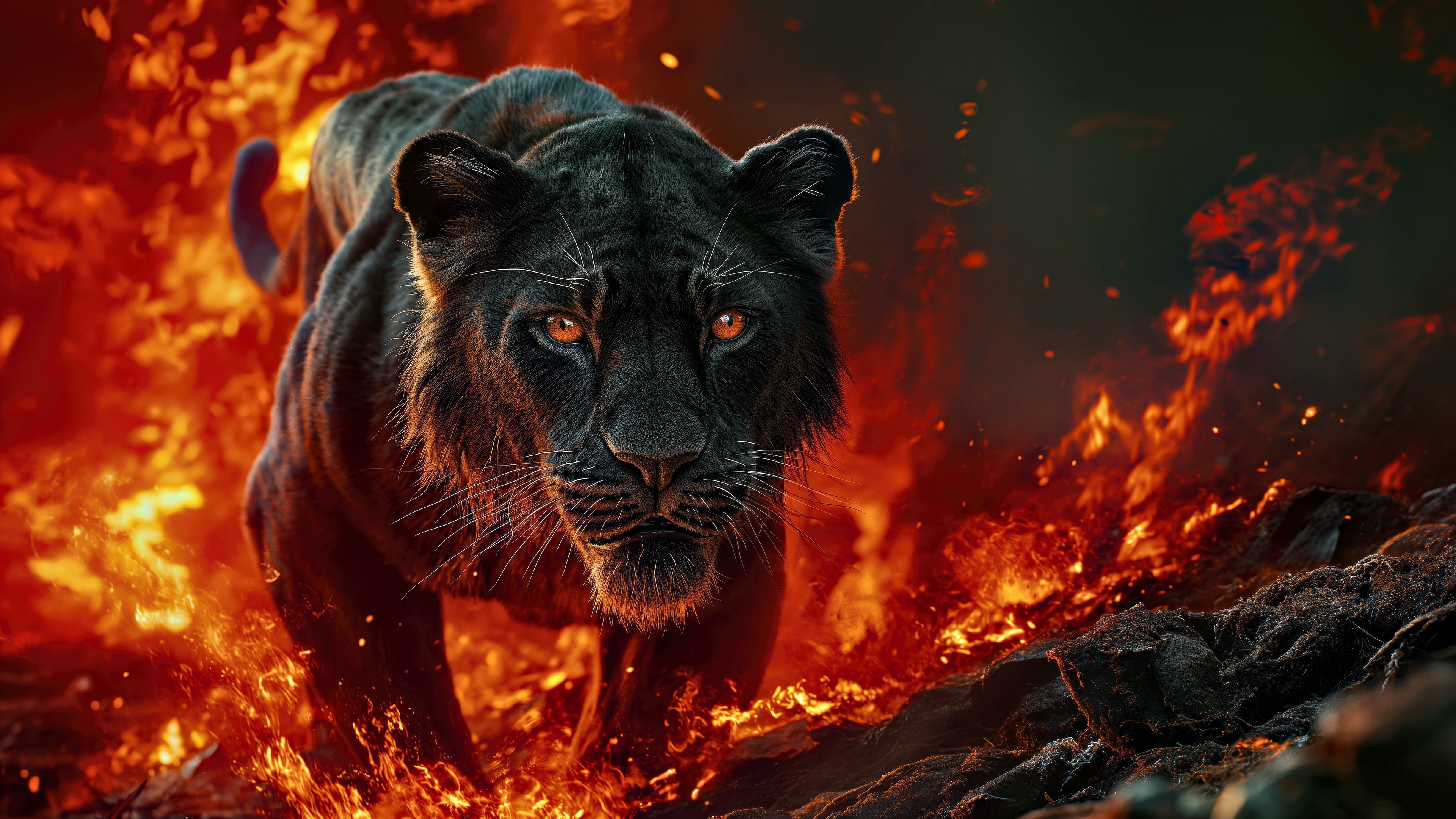 3840x2160 Download wallpaper 3840x2160 lioness, lion, fire, predator, big cat, art 4k uhd 16:9 HD background
