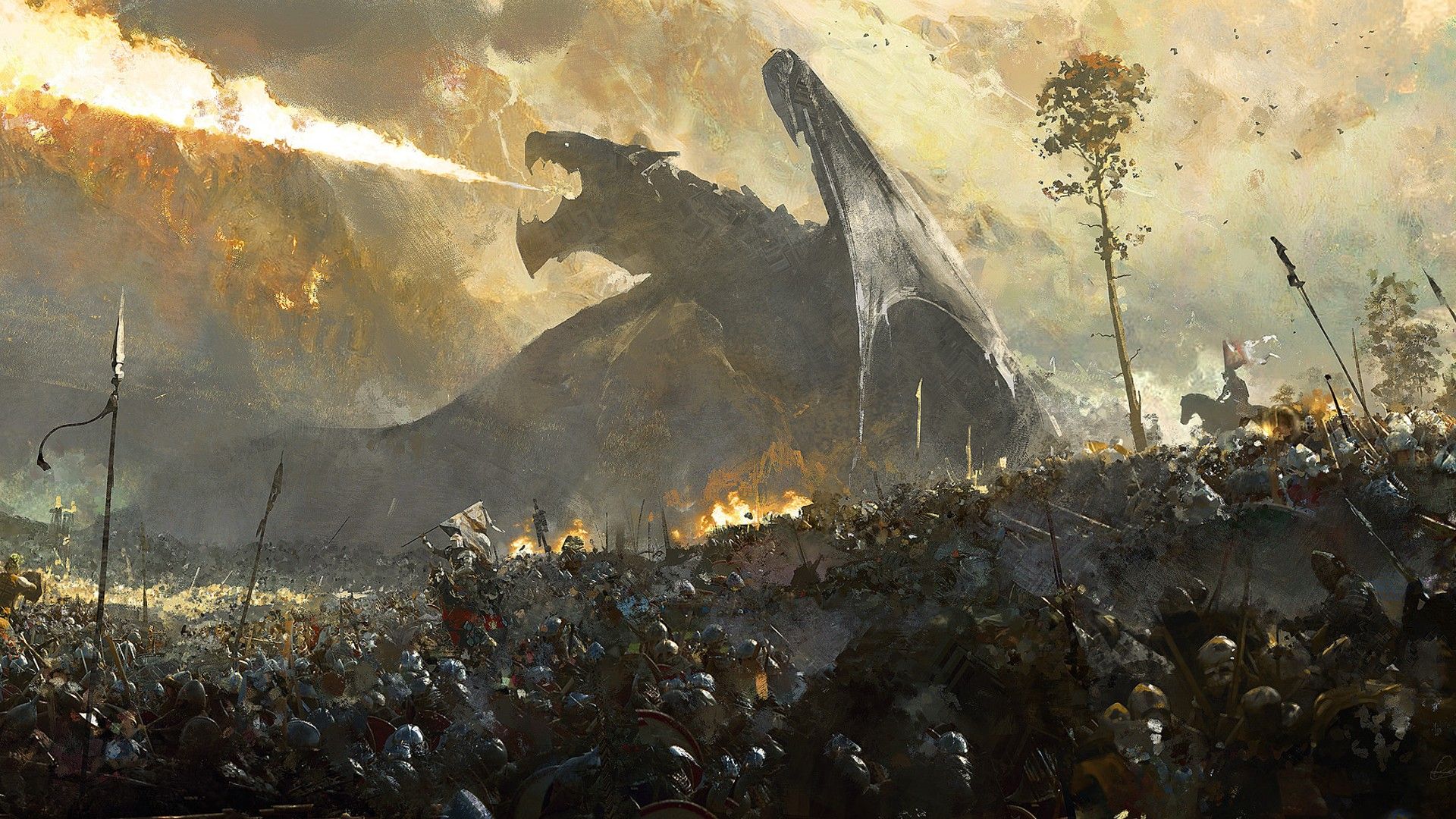 1920x1080 Fantasy Big Black Dragon Is Breathing A Fire On War HD Dreamy Wallpaper