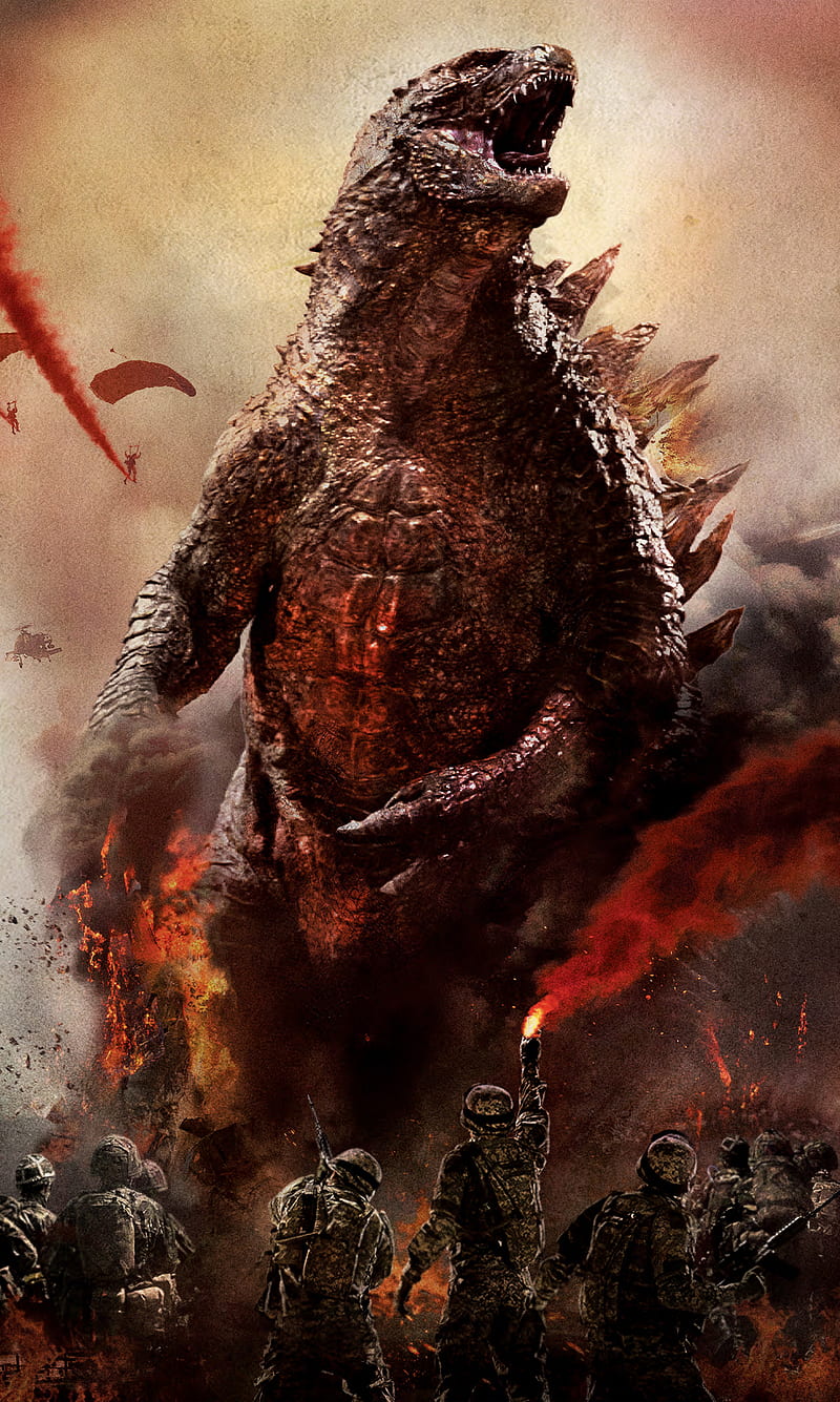 800x1335 Godzilla, art, big, fantasy, fire, guns, monster, red, sky, sun, guerra, HD phone wallpaper