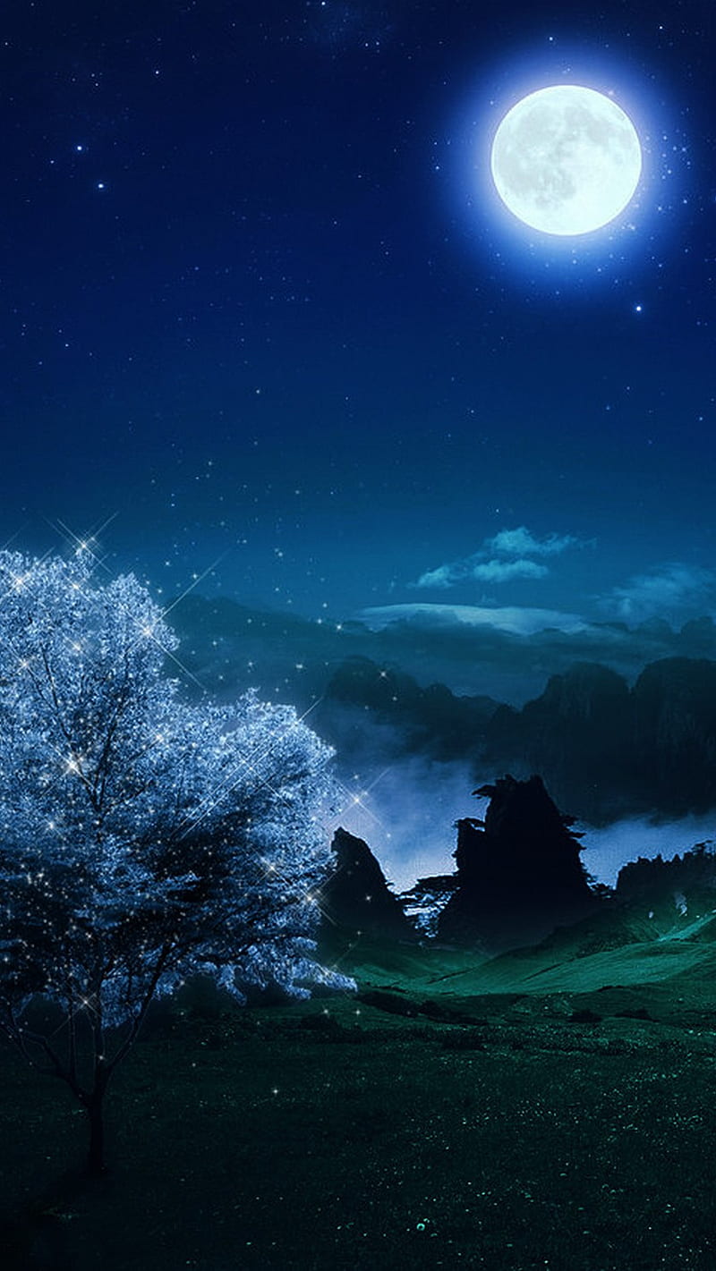 800x1421 Night, abstract, landscape, moon, nature, tree, HD phone wallpaper