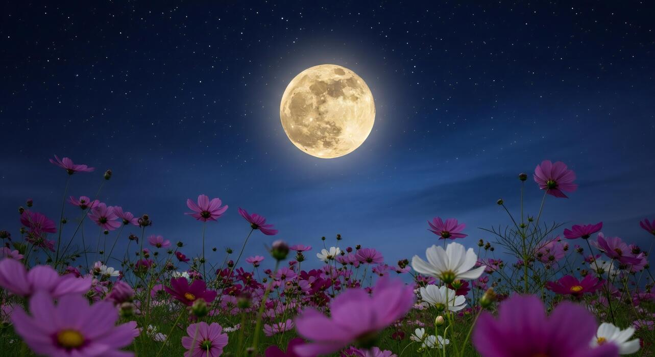 1283x700 Nature background, Nature wallpaper, Full moon shines brightly over a field of cosmos flowers under a star filled night sky