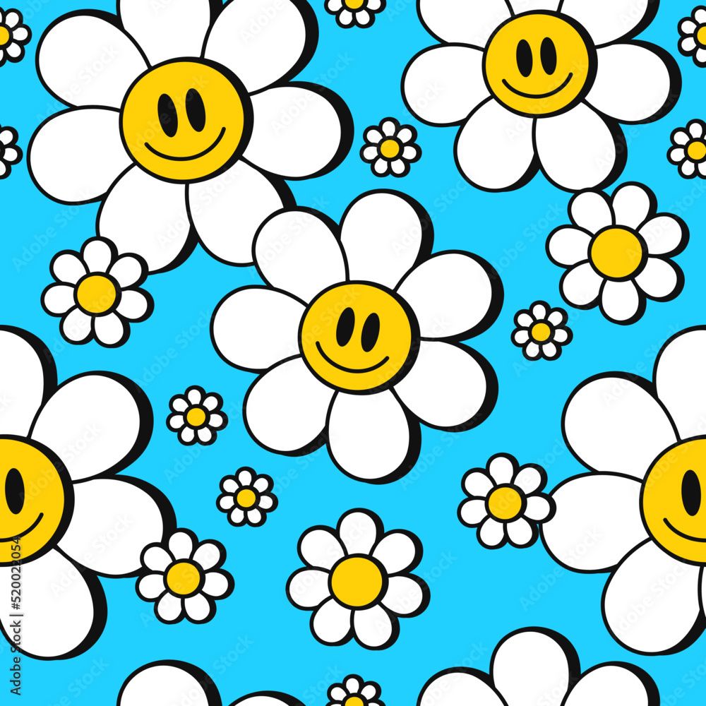 1000x1000 Cute Funny Kawaii Smile Face Flowers On Blue Background Seamless Pattern Art.Vector Cartoon Kawaii Character Illustration Design.Positive Vintage Smile Face Camomile Flower Seamless Pattern Concept Stock Vektor