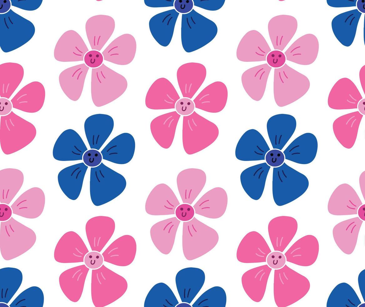 1167x980 Cute floral seamless pattern background with daisy flower smile face. Pink and blue smiling flowers on white backdrop. Print, wallpaper, vector texture