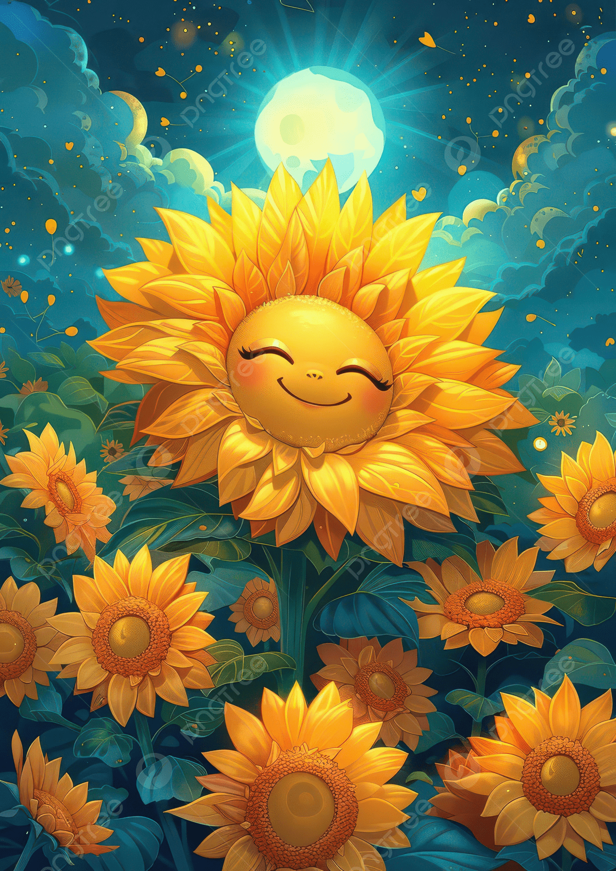 1200x1697 A Cheerful Sunflower With Smiling Face Surrounded By Other Sunflowers Under Glowing Moon Background Wallpaper Image For Free Download