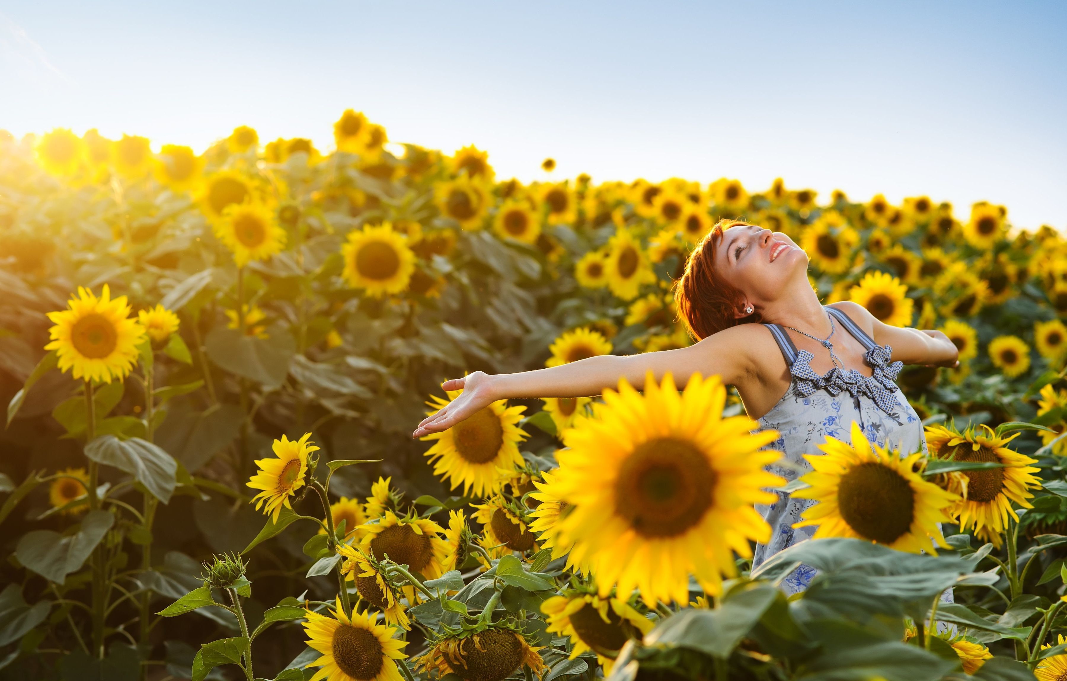 3600x2300 Wallpaper field, the sky, girl, joy, happiness, sunflowers, flowers, yellow for mobile and desktop, section настроения, resolution 3600x2300