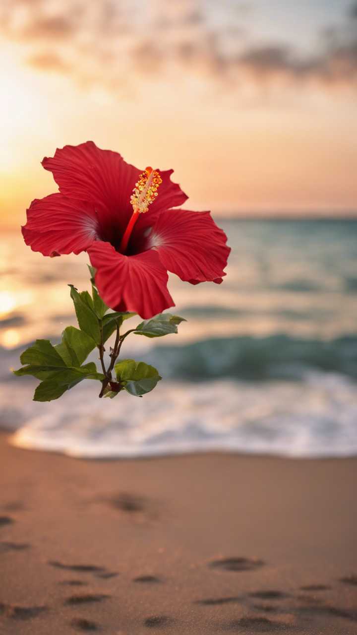 720x1280 A beautiful red hibiscus, tropical flower blooming in the foreground of a tranquil beach at sunset. Wallpaper [5876fefc0b6347fc82a9]