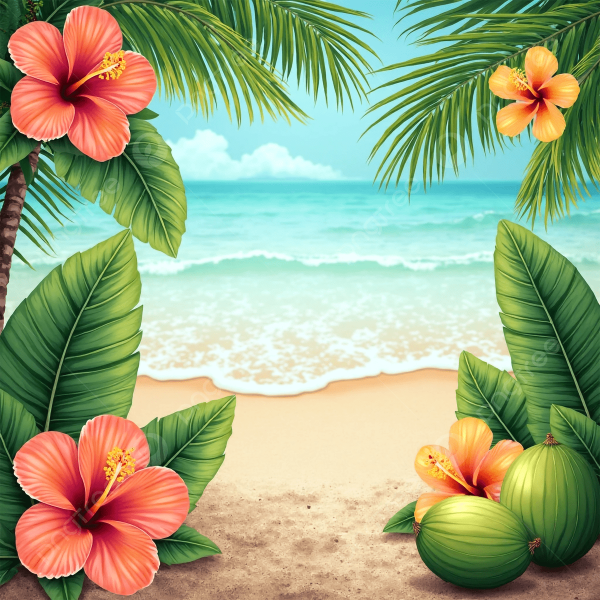 1200x1200 Tropical Beach Scene With Palm Leaves Hibiscus Flowers Coconuts, Tropical Beach Scene, Summer Vacation Illustration, Beach Background Background Image And Wallpaper for Free Download