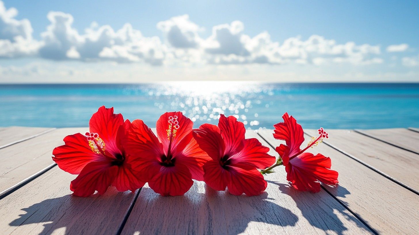 1456x816 Free Beach Floral Display Image, Hibiscus, Sand