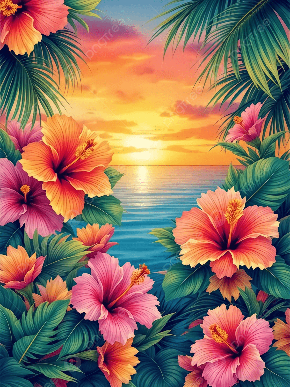 1200x1600 Hibiscus Flowers Bordering A Tropical Sunset Beach Background Wallpaper Image For Free Download