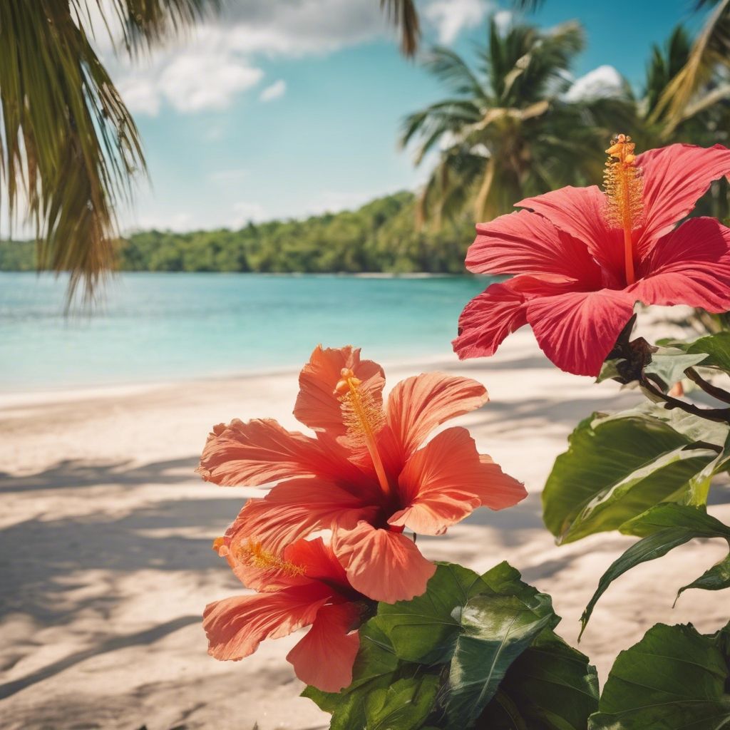 1024x1024 A tropical beach with palm trees adorned with vibrant hibiscus flowers. Wallpaper [c8e74595b5914baba9fd]