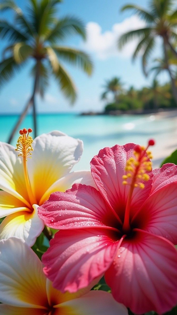 732x1302 Vibrant Hawaiian Plumeria and Hibiscus Flowers with Ocean Backdrop. Tropical photography, Tropical flower background aesthetic, Aesthetic tropical flower wallpaper