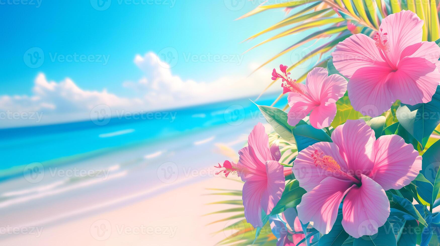 1749x980 Beautiful tropical summer template design with pink hibiscus flowers over paradise beach background