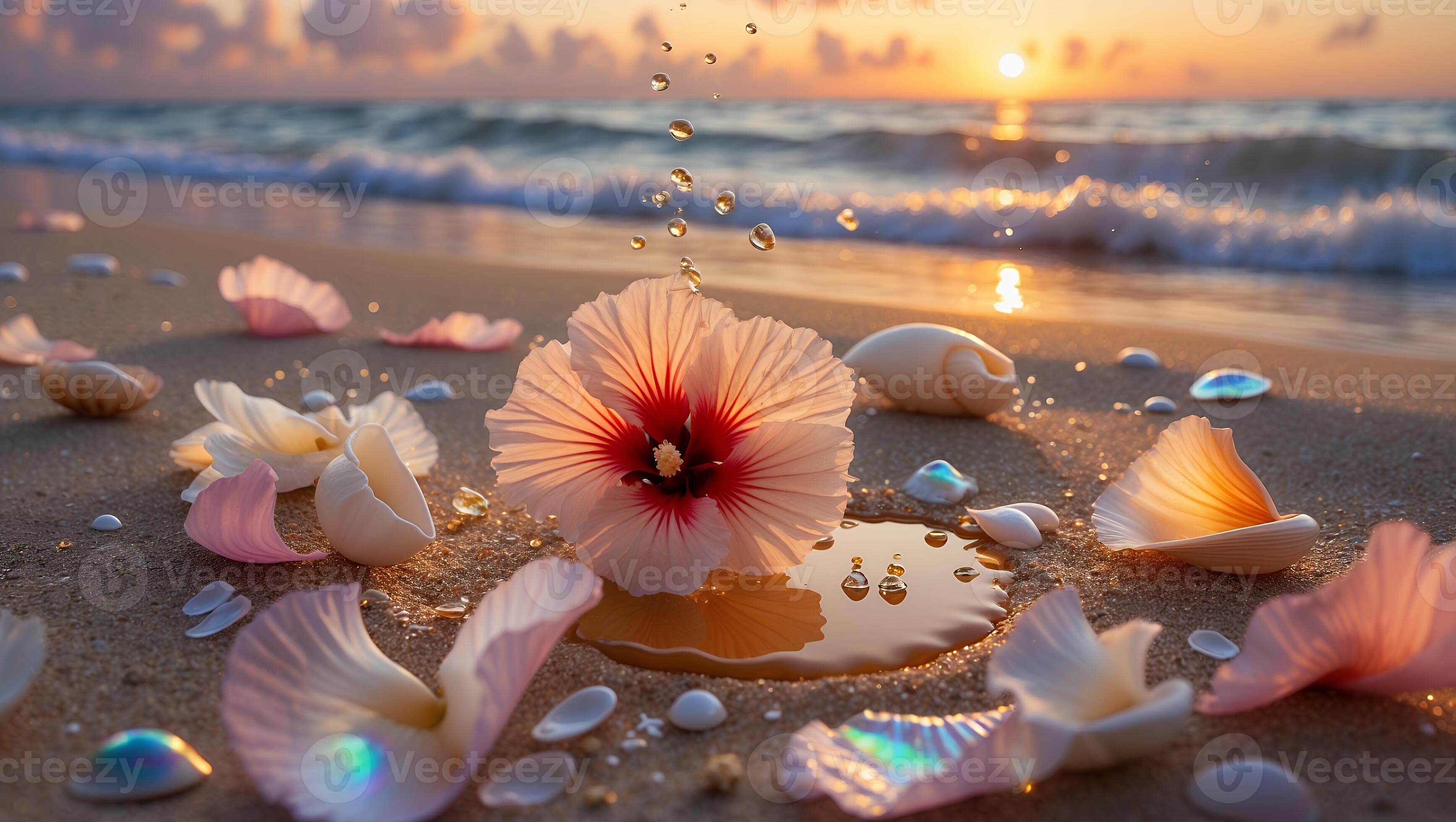 3469x1960 A vibrant hibiscus flower surrounded by seashells and petals on a sandy beach at sunset