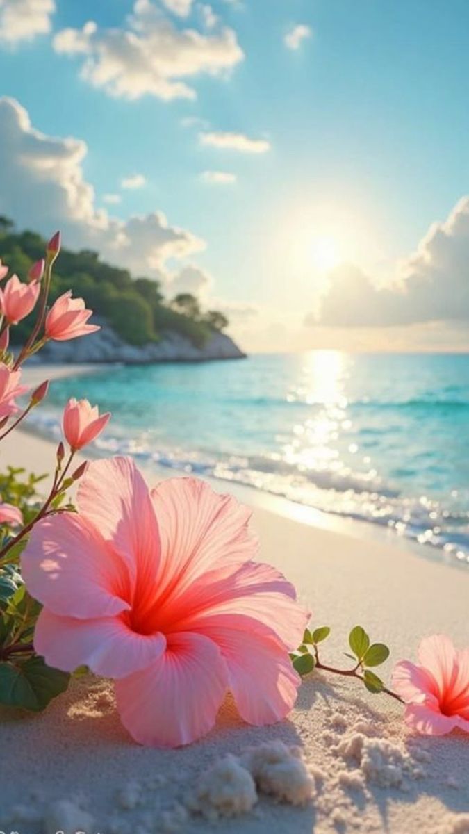 675x1200 Beautiful picture of the beach. Beautiful beach picture with flowers, Pink hibiscus beach scene, Beach sunset with hibiscus flower