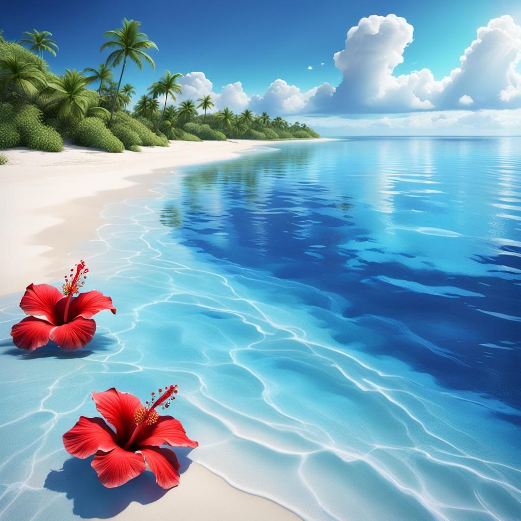 1024x1024 cobalt blue clear water beach with iridescent aqua waters on a sparking white sand beach such as Fiji islands. a bright red hibiscus flower