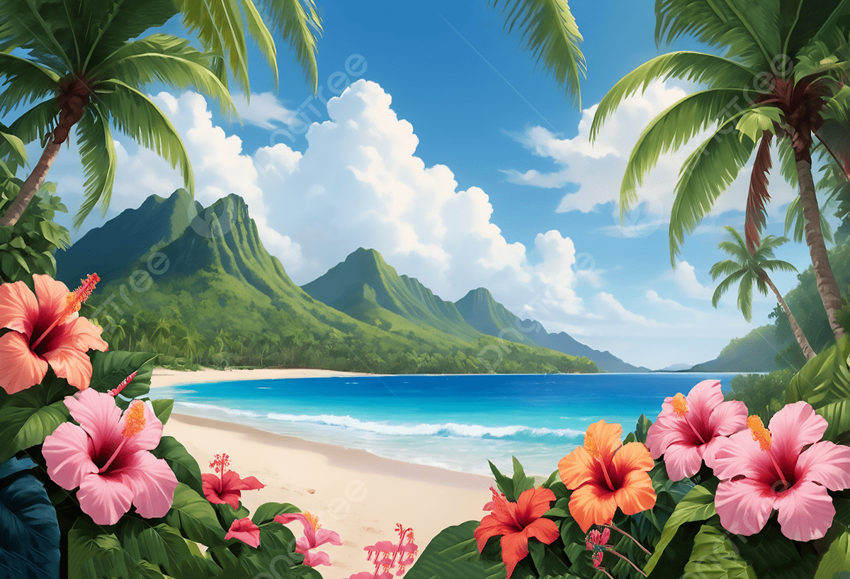 1200x817 Tropical Beach With Hibiscus Flowers And Distant Mountains, Tropical Beach, Hibiscus Flowers, Summer Landscape Background Image And Wallpaper for Free Download