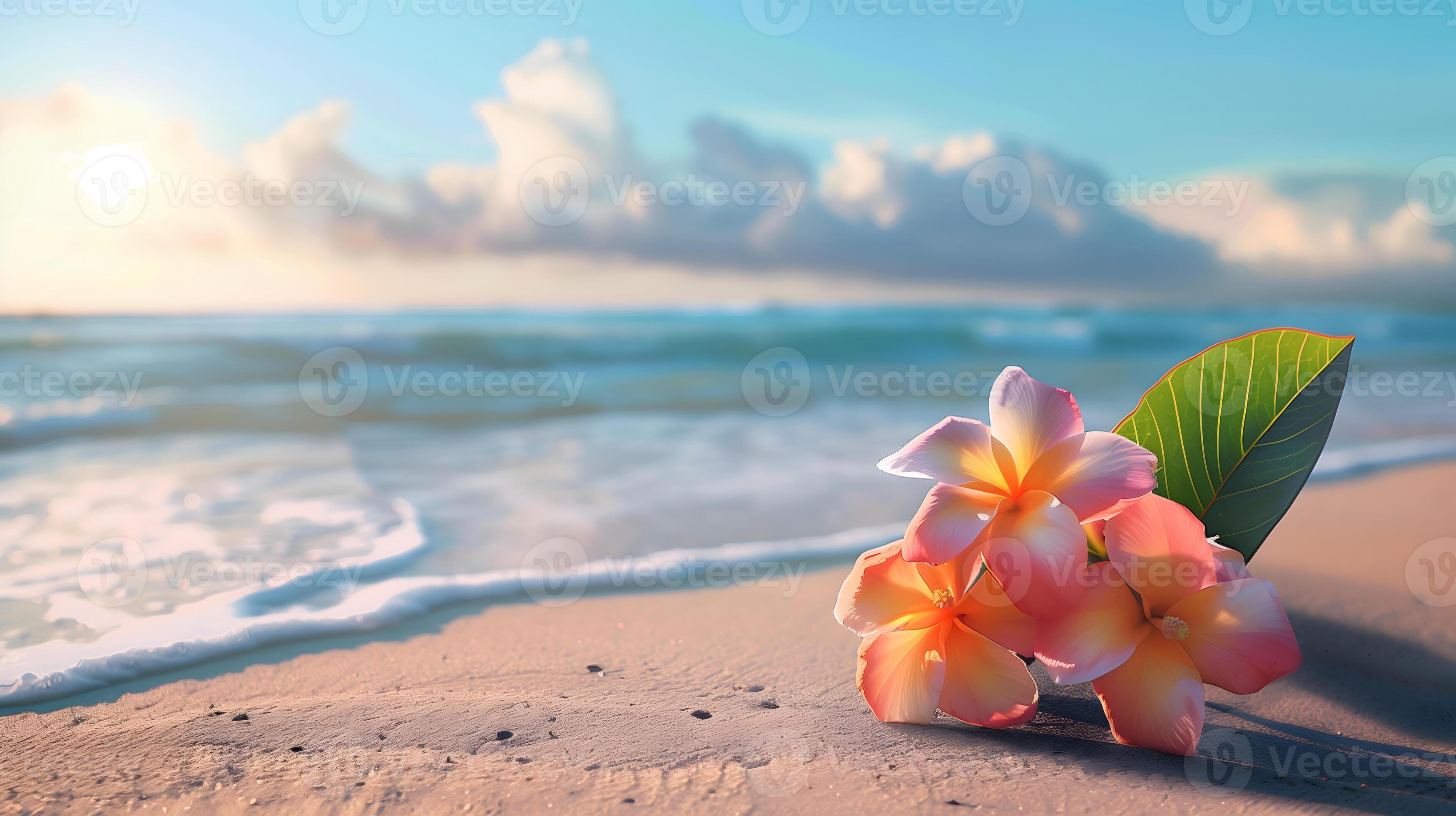 3497x1960 Beautiful tropical summer photo with pink hibiscus flowers over paradise beach background