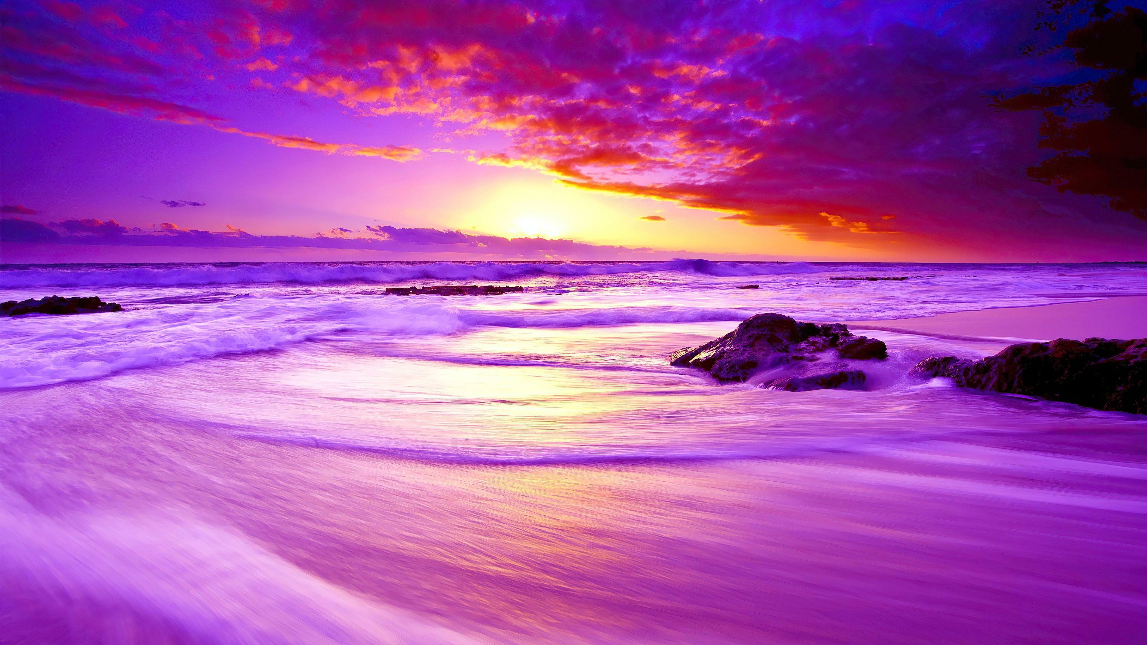 3840x2160 Purple Beach Sunset 4K HD Wallpaper