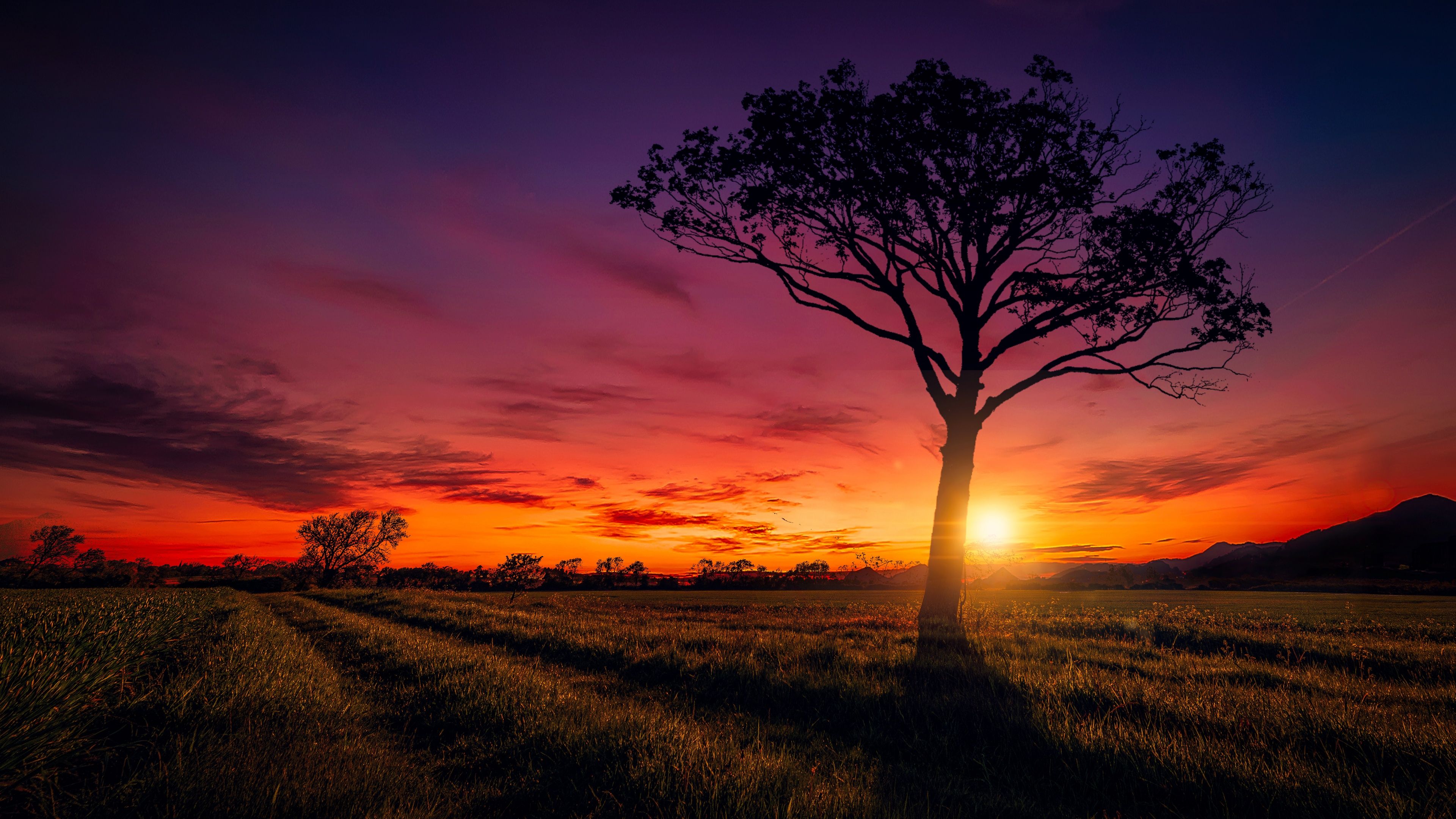 3840x2160 Sunset Wallpaper 4K, Orange sky, Landscape, Purple
