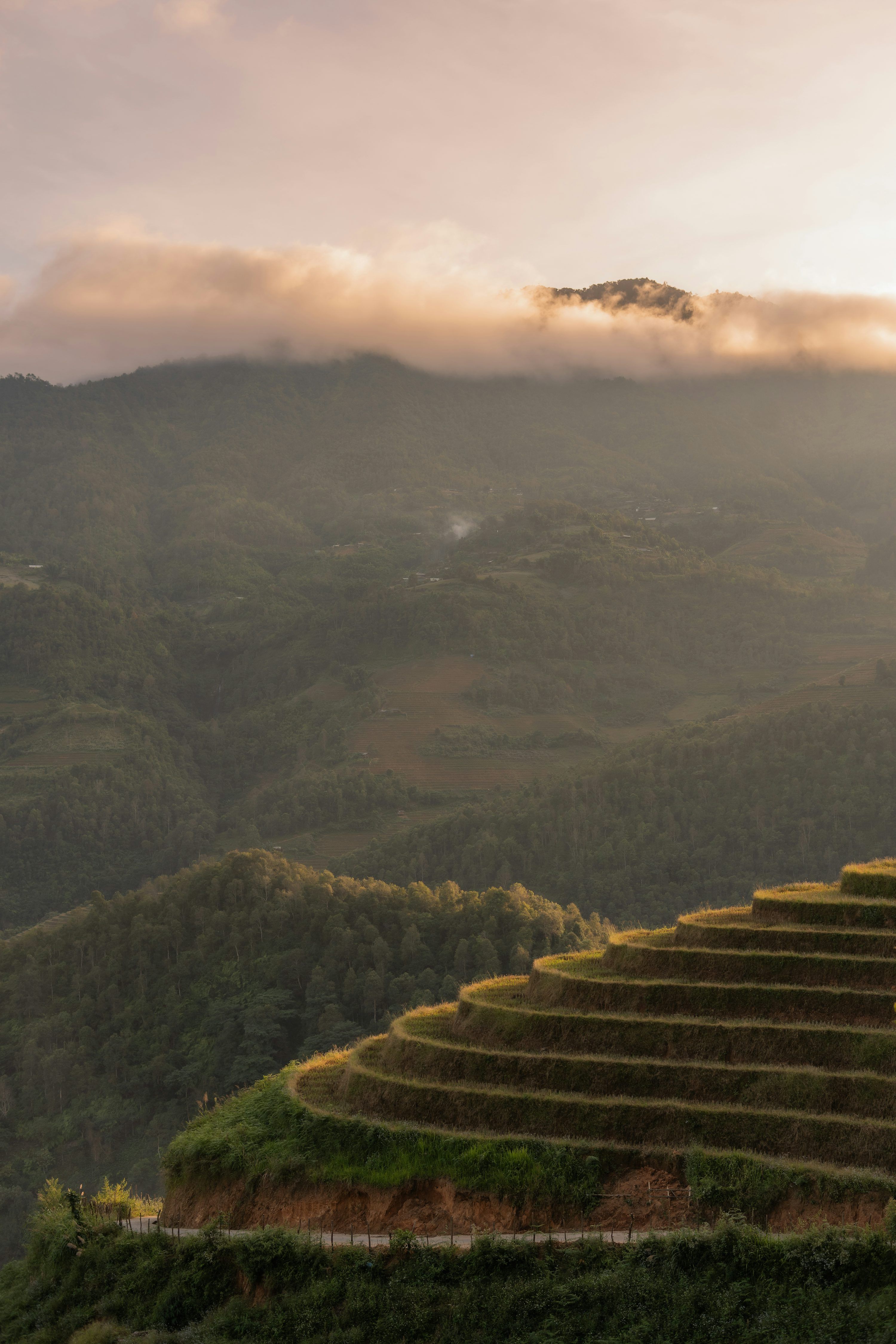 3000x4500 Terraced rice fields with mountains and clouds at sunset. photo