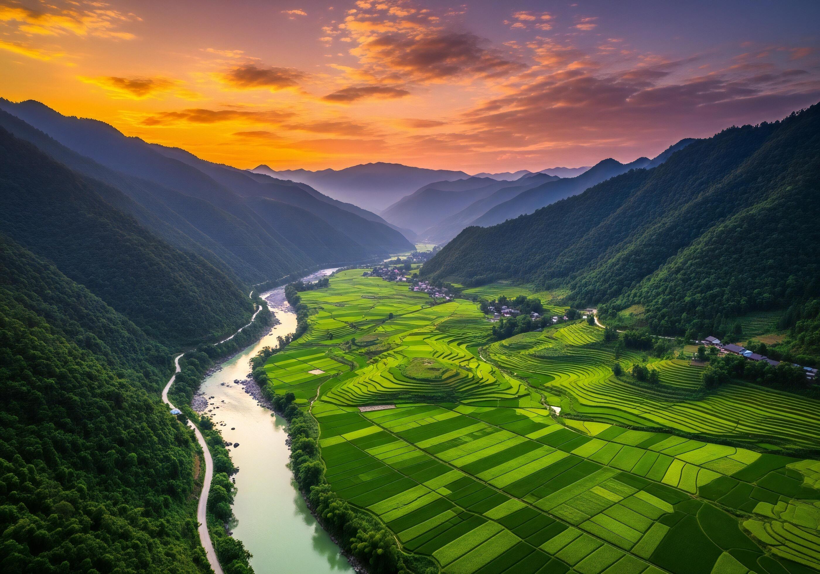 2800x1960 Nature background, Nature wallpaper, Expansive green terraced rice fields carved into lush mountains beside a winding river during a vibrant sunset