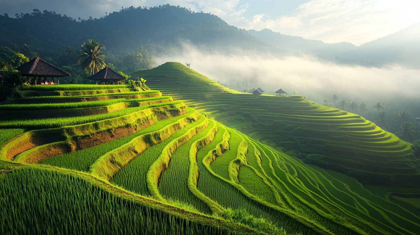 1456x816 Free Misty Terraced Fields Image, Rice, Fields