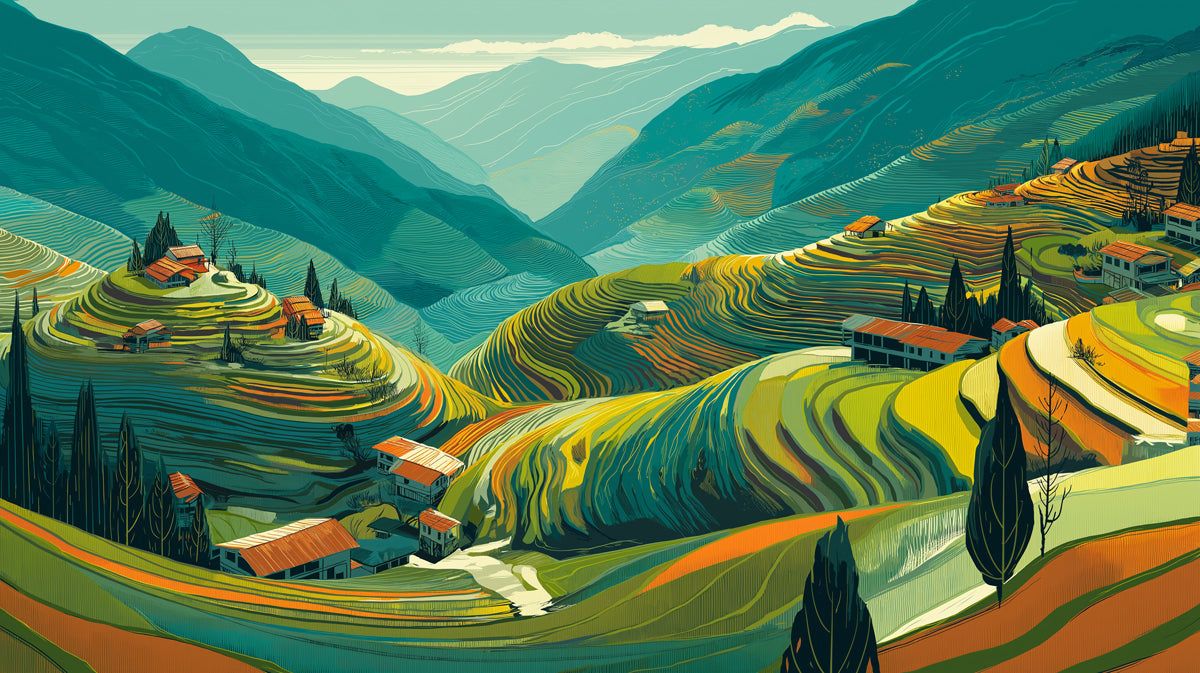1200x673 Terraced Mountain Landscape Mural Wallpaper