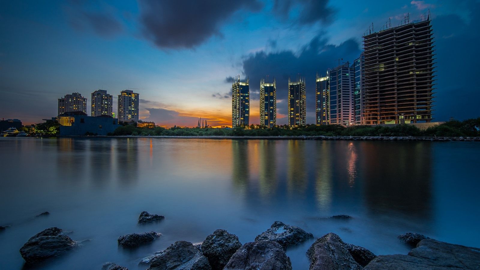 1600x900 Wallpaper Jakarta, Indonesia, city, buildings, river, rocks, night 1920x1200 Picture, Image