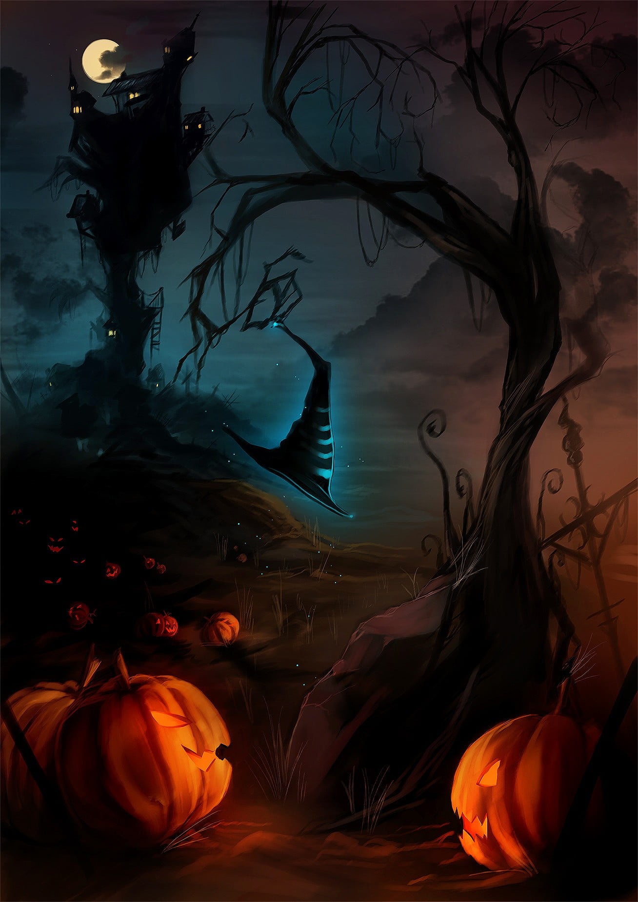 1308x1850 Black witch hat illustration, Halloween, pumpkin HD wallpaper