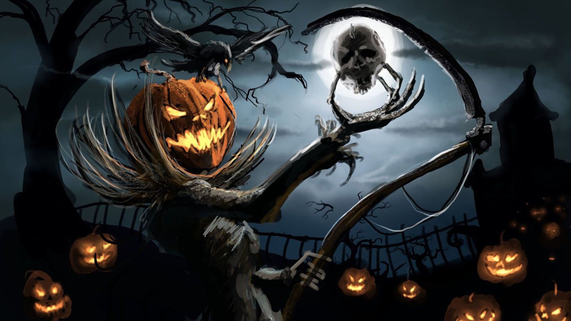 1920x1080 Girl Witch Pumpkin Horrible Face Sky Moon Background HD Halloween Wallpaper