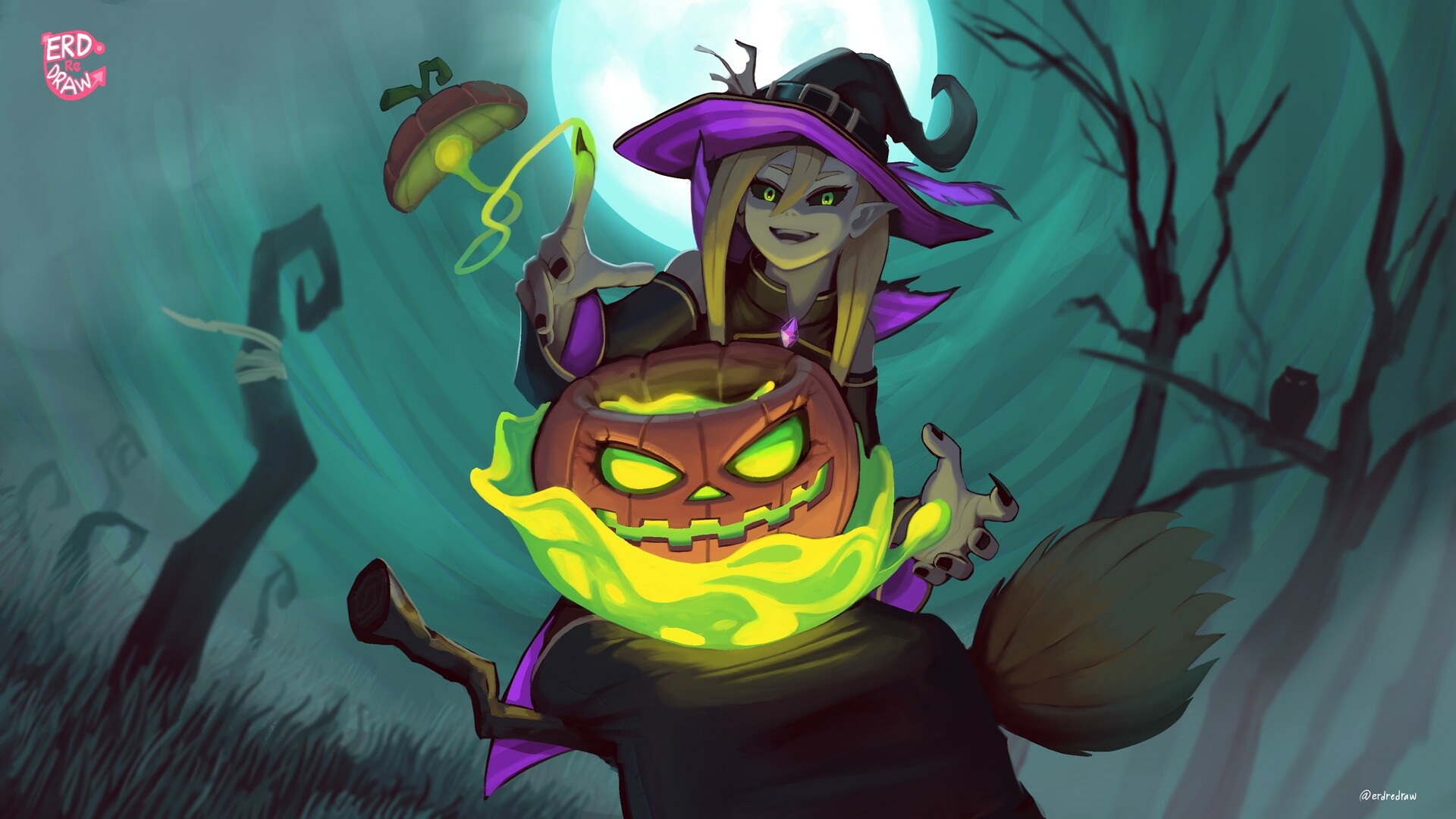 1920x1080 Witch on Halloween Cartoon Art Wallpaper, HD Holidays 4K Wallpaper, Image and Background