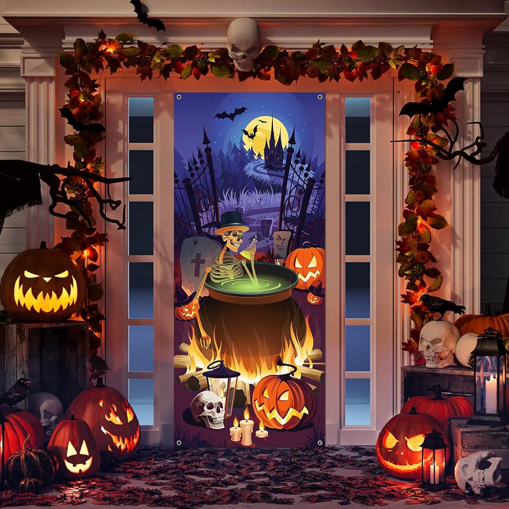 1000x1000 Panelee Halloween Door Decorations 79 x 35 Inches Skeleton Witch Window Door Cover Photo Posters Banner Backdrop Halloween Wallpaper Sticker for Front Door Porch Halloween Party Supplies : Home & Kitchen