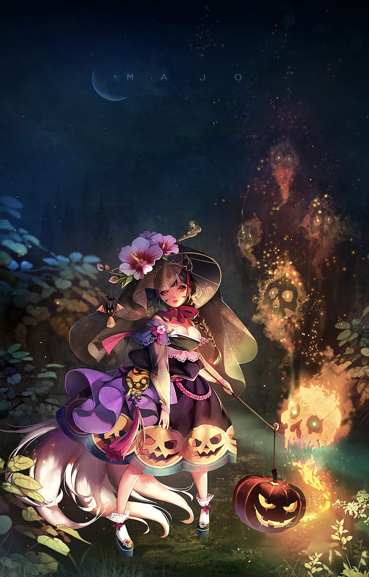 728x1139 HD wallpaper: witch, Halloween, pumpkin, night, one person, nature, women