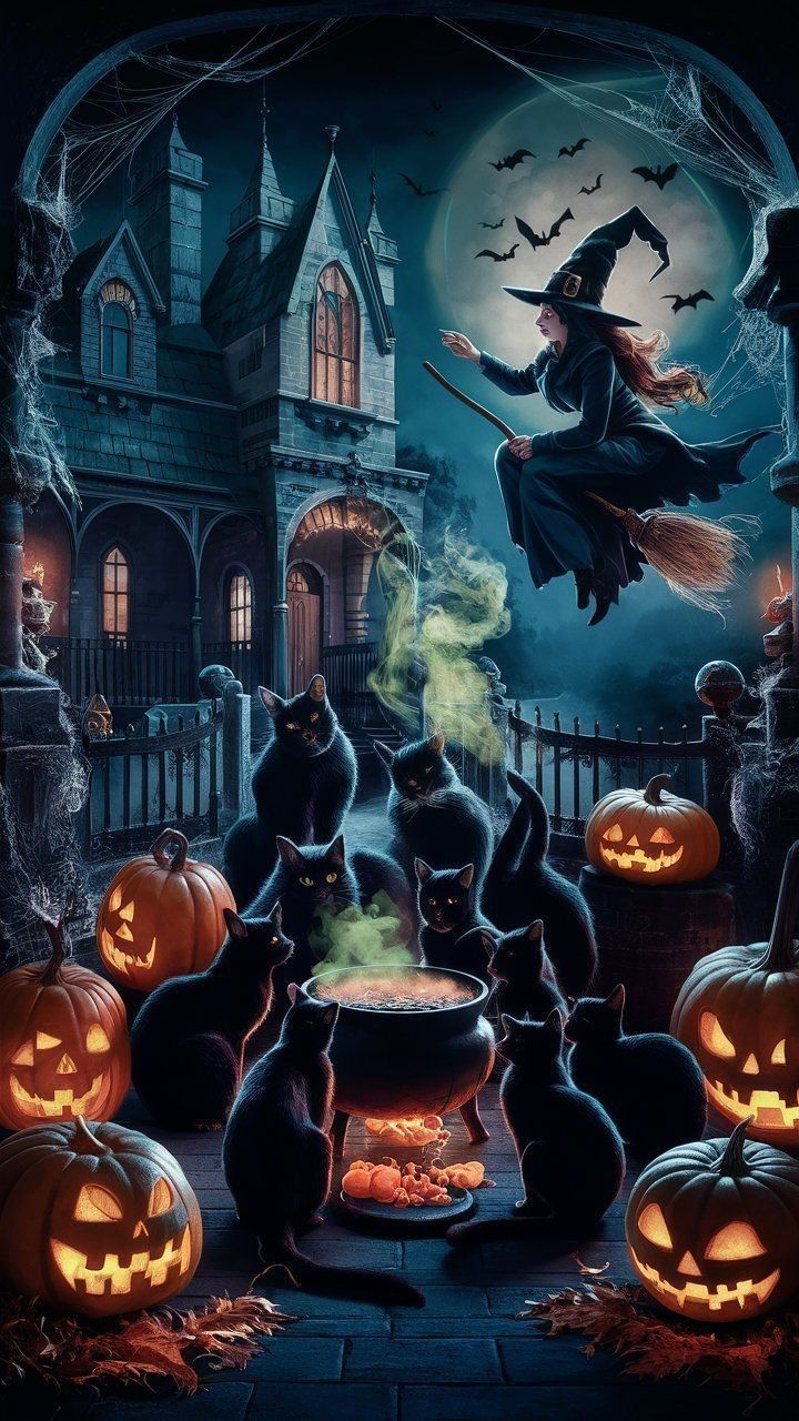 720x1280 Spooky halloween wallpaper. Halloween witch cat cauldron broom spooky, Witch wallpaper halloween, Halloween wallpaper background