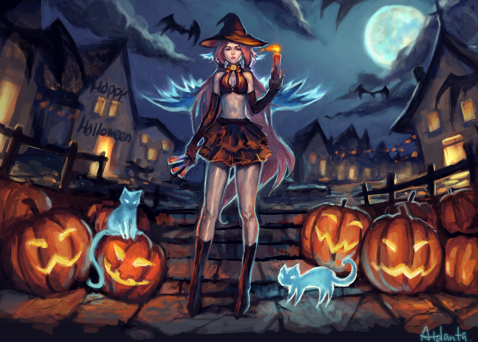 1920x1376 Halloween Witch With Pink Hair And Cats In A Pumpkin Lit Village HD Wallpaperx1720