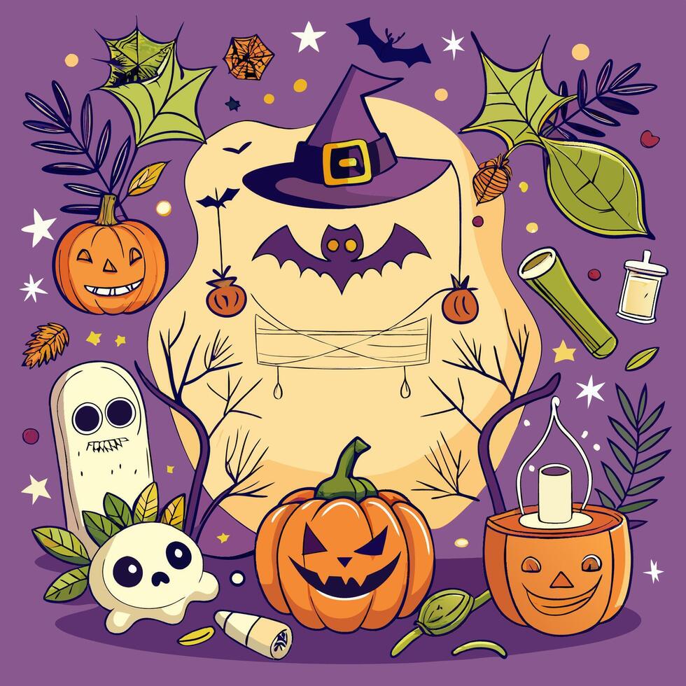 980x980 Halloween background with pumpkins, bats, ghosts and witches