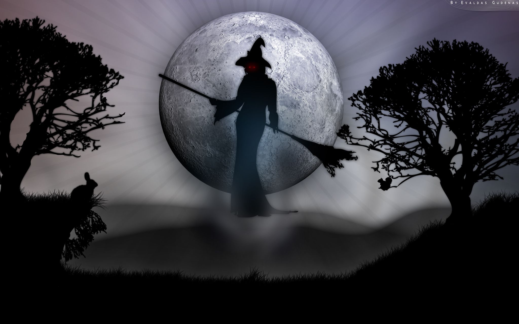 2048x1280 Desktop wallpaper: Spooky, Rabbit, Witch, Halloween, Holiday, Moon, Red Eyes 4K free download for PC. 202761