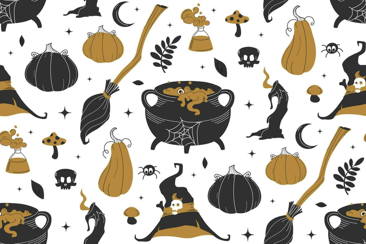 1470x980 Witch black and gold seamless pattern. Vector flat illustration. Halloween background. Witch vibes lettering and magic items. Pattern for background, printing on wrapping paper, wallpaper or fabric