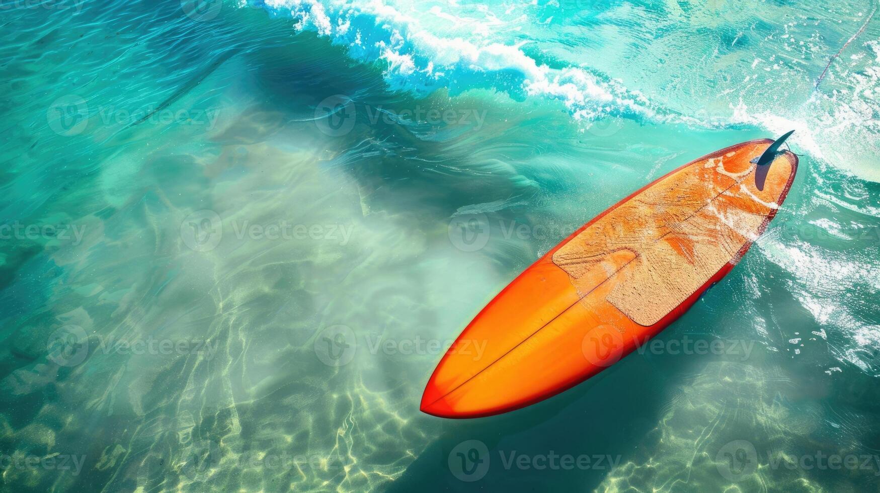 1749x980 surfing, bright orange surfboard, foam sea wave, top view, horizontal banner, blue summer beach background, copy space, free space for text