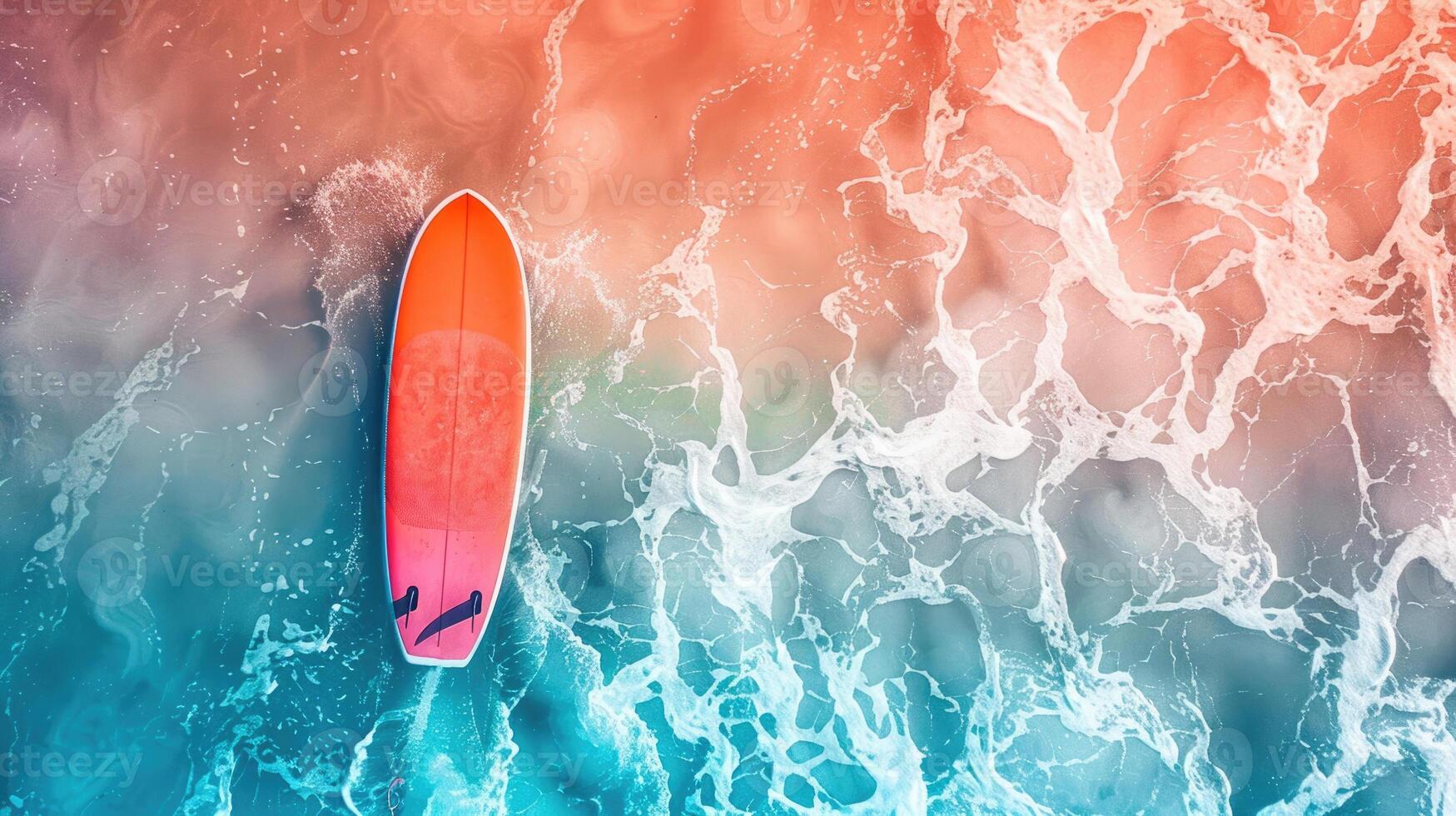 1749x980 surfing, bright orange surfboard, foam sea wave, top view, horizontal banner, blue summer beach background, copy space, free space for text