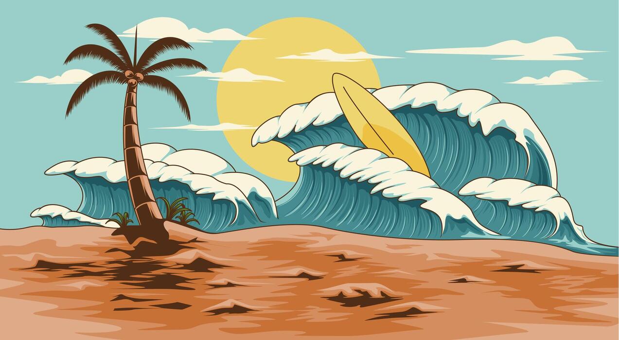 1273x700 View illustration of surfing activity on the beach at summer. perfect to use as a poster or wallpaper. Landscape illustration collections