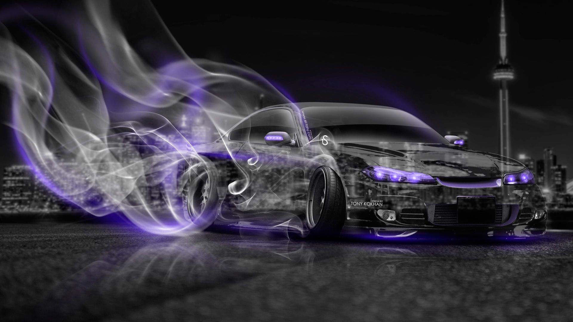 1920x1080 Wallpaper car, purple, night, city, the city, style, smoke, neon for mobile and desktop, section nissan, resolution 1920x1080