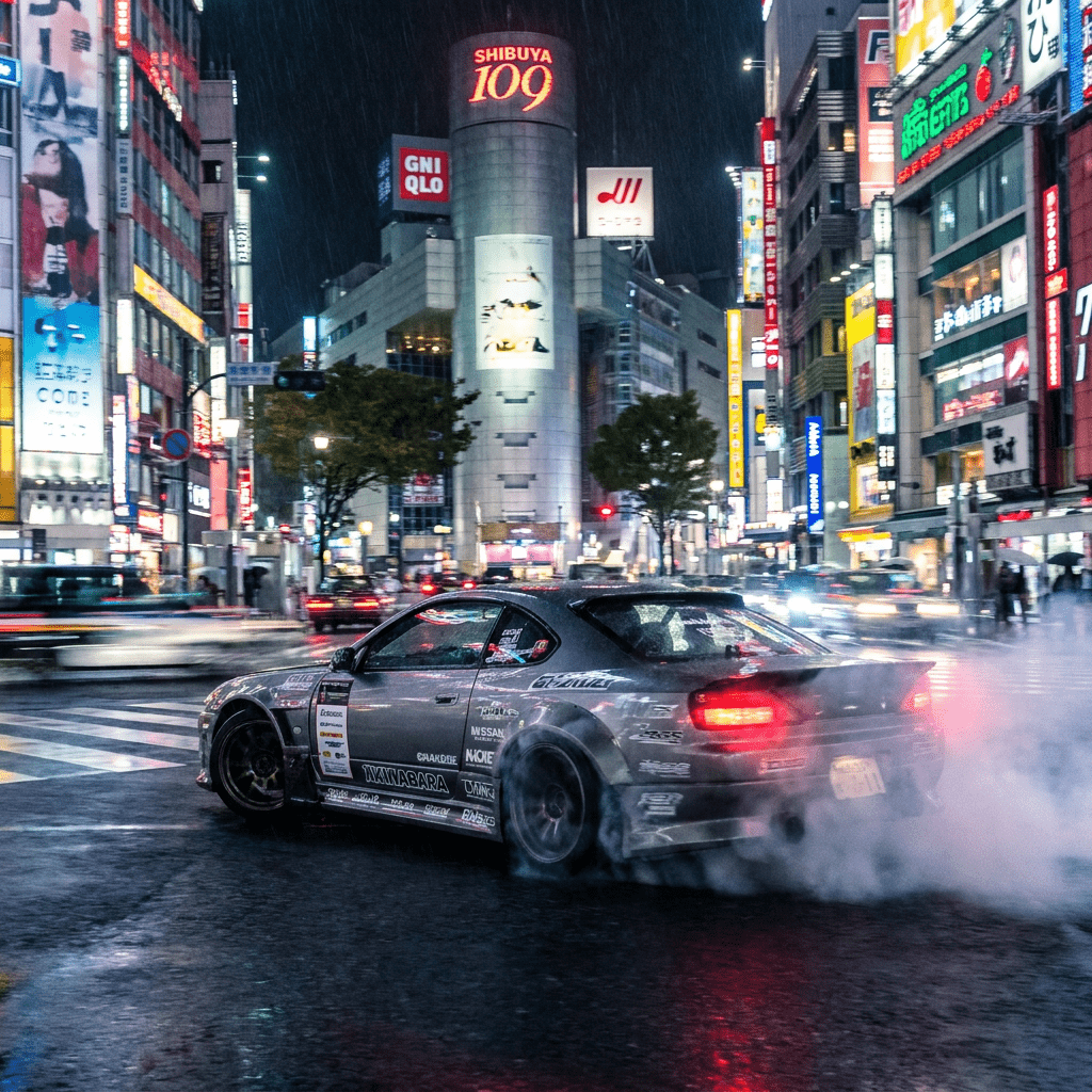 1024x1024 Explore A Sleek Modified Drift Car Sliding On A Neon Lit Tokyo Street At Night