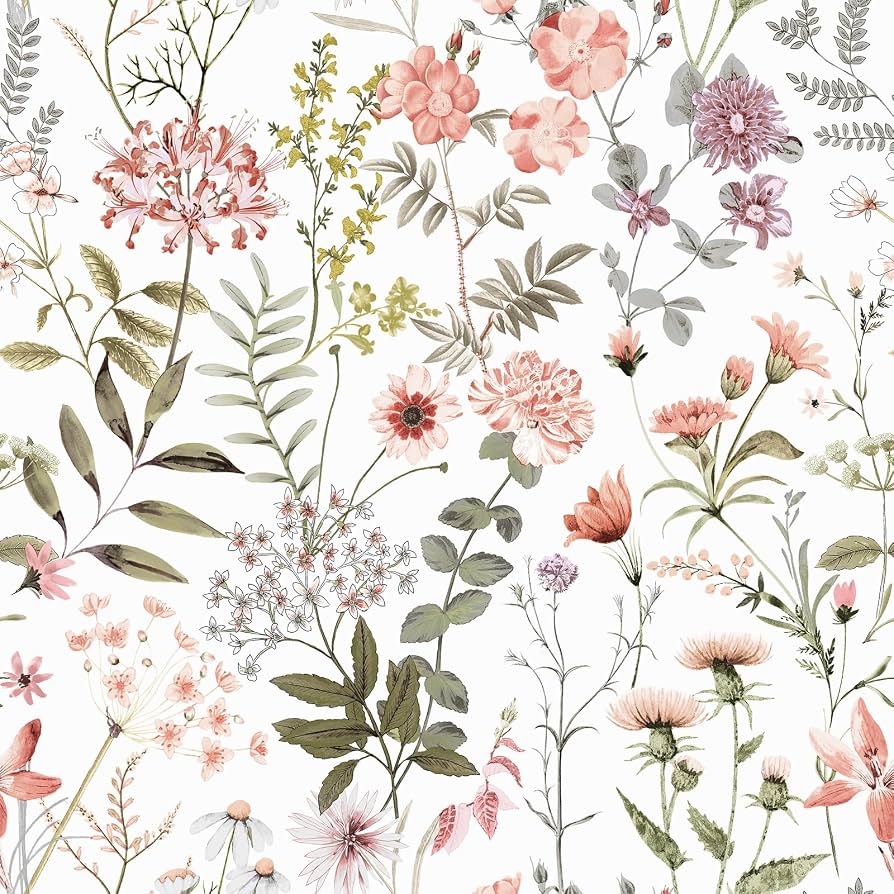 894x894 VEELIKE Vintage Peach Pink Floral Wallpaper Peel and Stick Removable Wildflowers Pink Botanical Wallpaper for Nursery Girls Bedroom 17.7''x118'' Self Adhesive Floral Contact Paper for Walls Cabinets