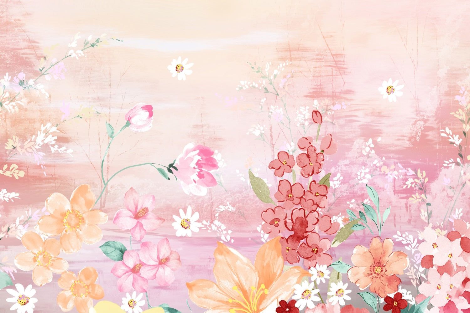1500x1000 Flower Backdrop Pink Bloom Watercolor Art Backdrop BRP12- 7'W*5'H(2.2*1.5m)