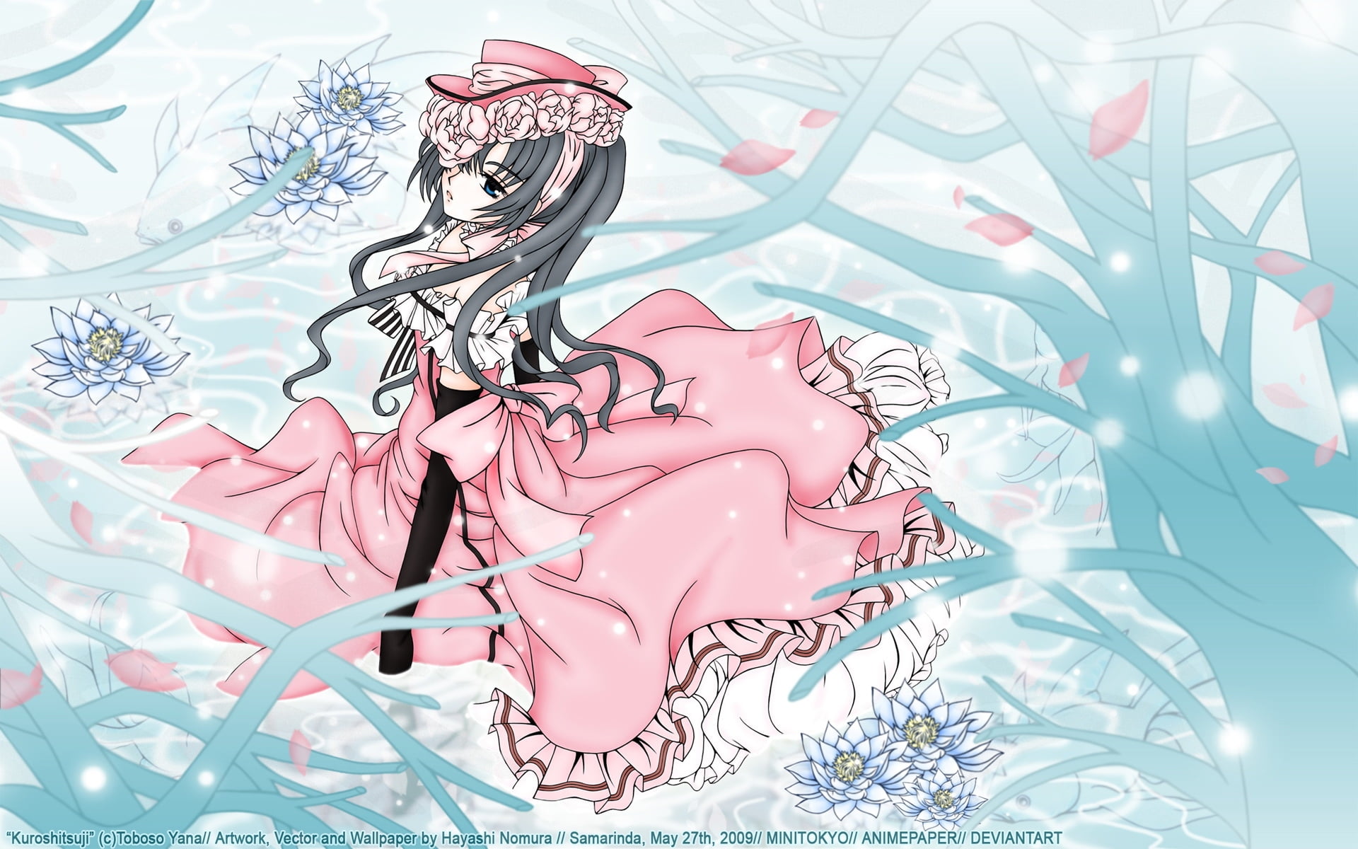 1920x1200 Long black haired female anime character wearing pink dress HD wallpaper