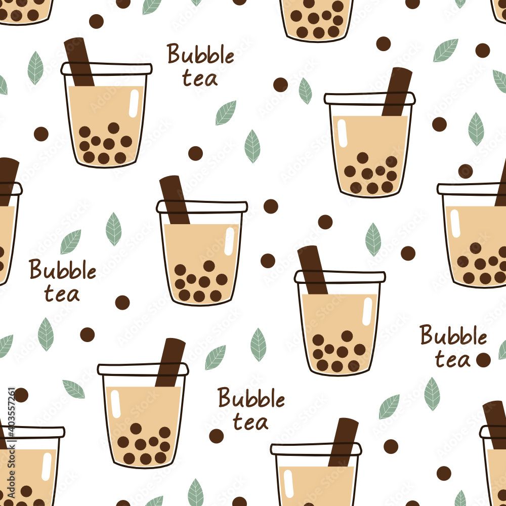 1000x1000 Seamless pattern with hand drawn bubble milk tea cup and green tea leaves on white background vector illustration. Cute cartoon style Stock Vector